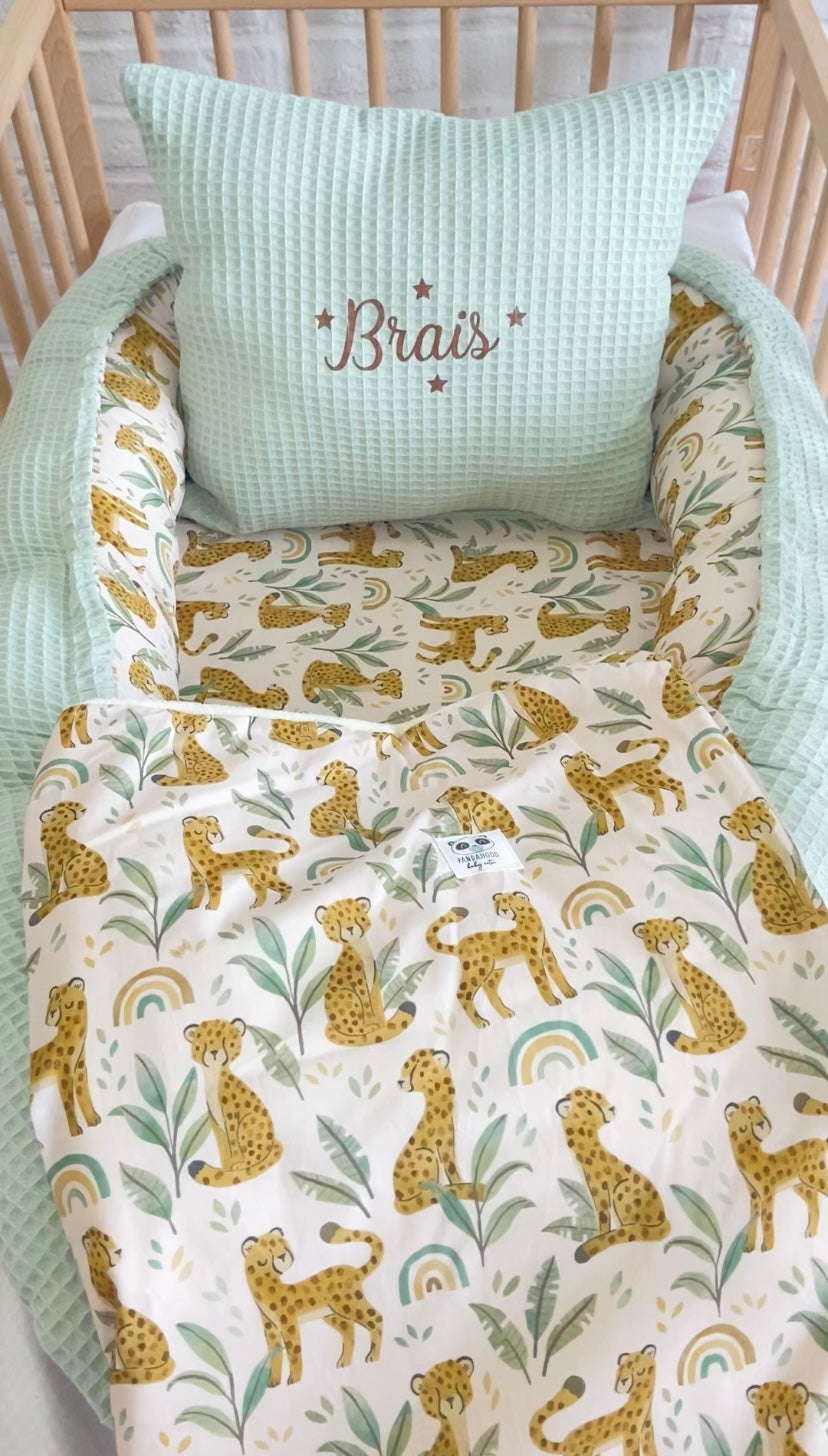 Pack Baby Leopardo (nido, manta y cojín personalizado)