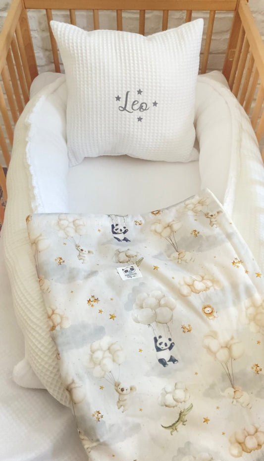Pack Baby Panda ternura (nido, manta y cojín personalizado)