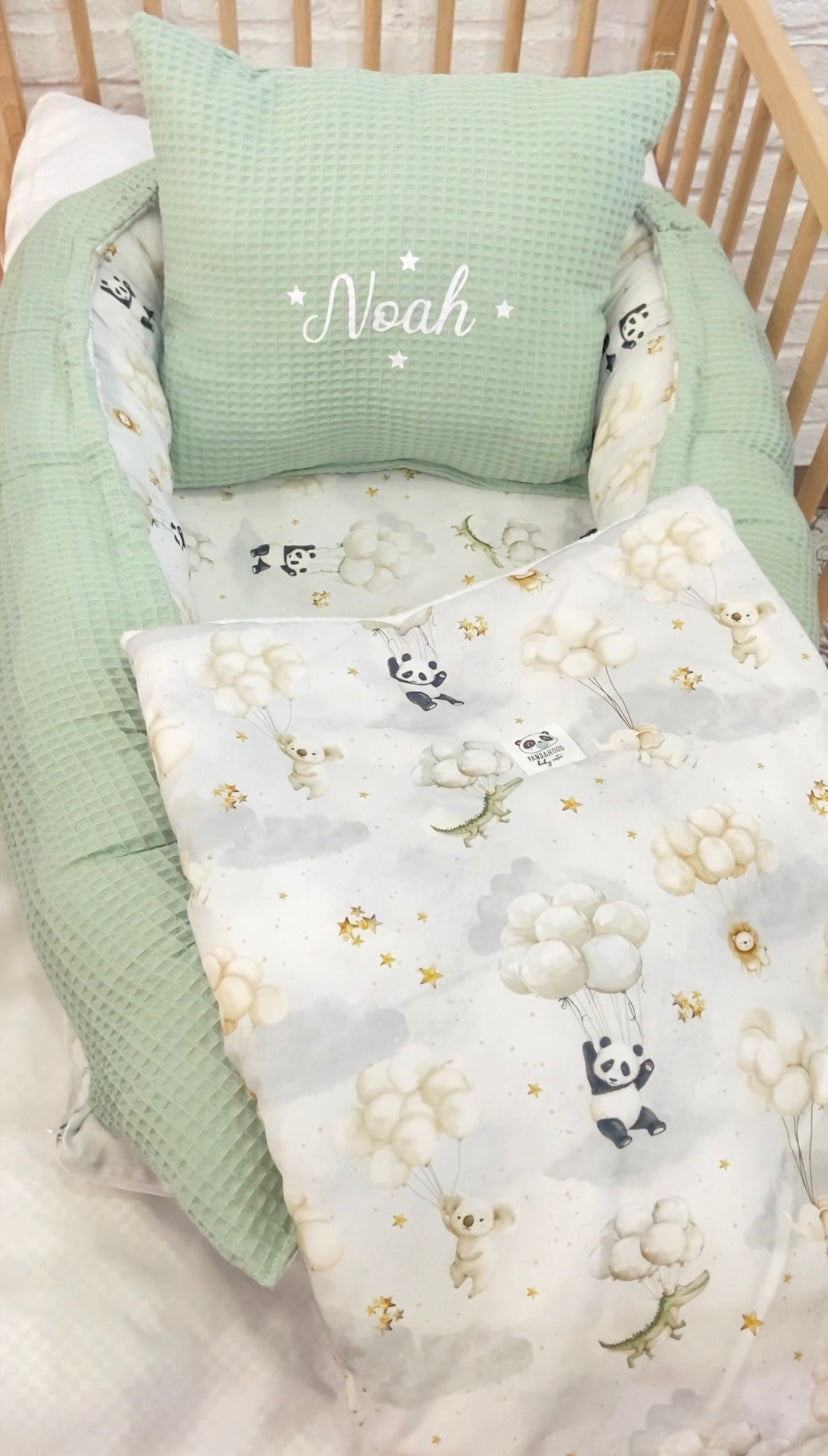 Pack Baby Panda waffle verde(nido, manta y cojín personalizado)