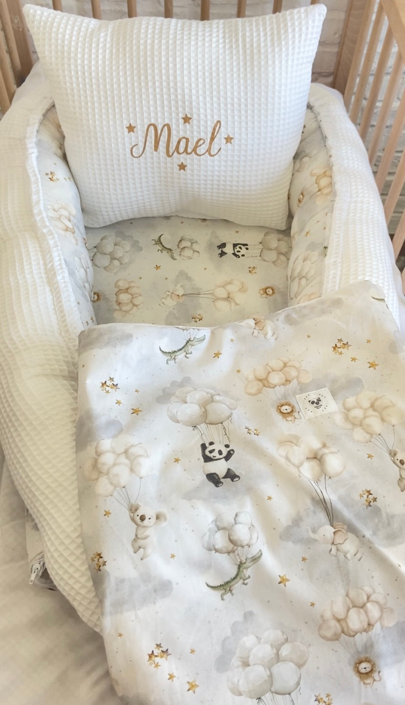 Pack Baby Panda waffle blanco(nido, manta y cojín personalizado)