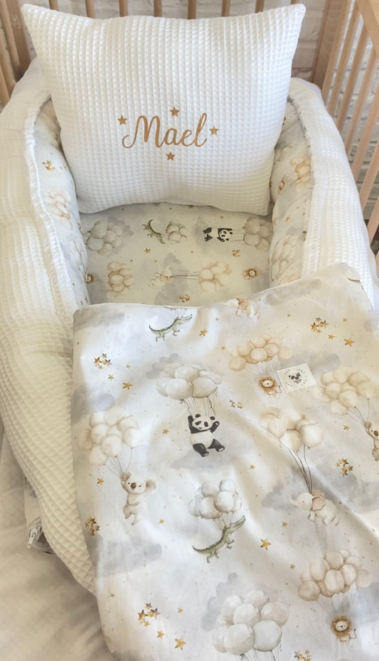 Pack Baby Panda waffle blanco(nido, manta y cojín personalizado)