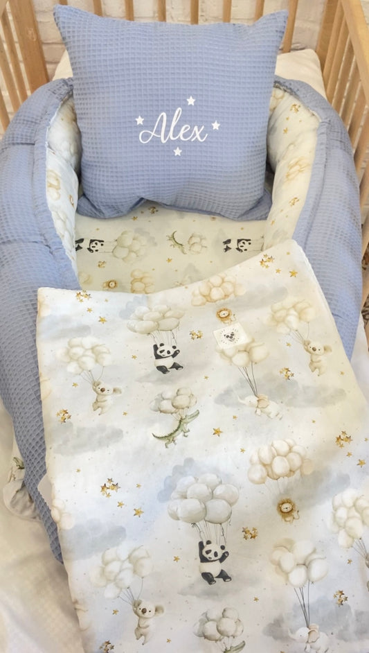 Pack Baby Panda waffle azul glaciar (nido, manta y cojín personalizado)
