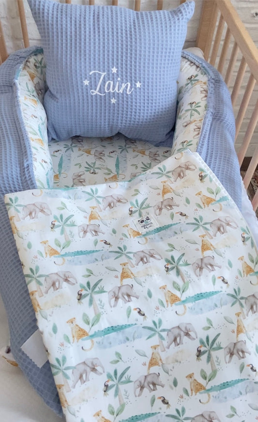 Pack Baby Safari Baby (nido, manta y cojín personalizado)