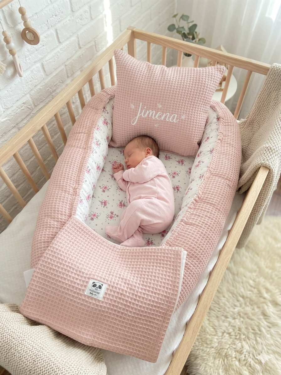 Pack Baby Waffle Rose (nido, manta y cojín personalizado)