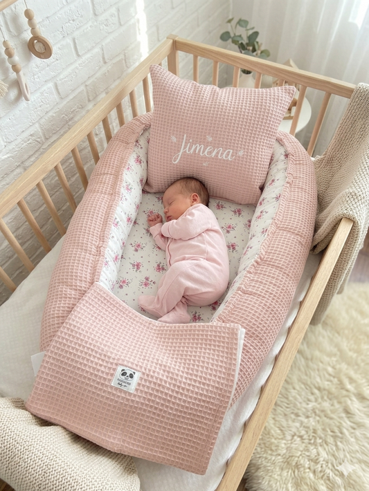 Pack Baby Waffle Rose (nido, manta y cojín personalizado)