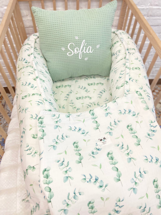 Pack Baby Eucalipto (nido, manta y cojín personalizado)