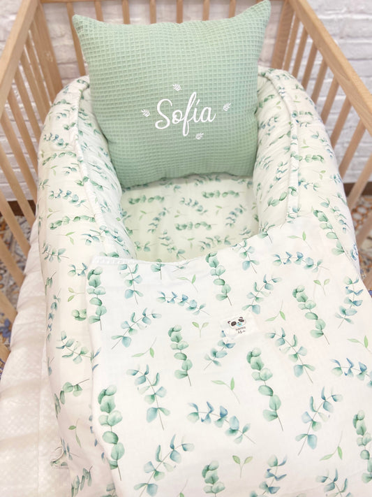 Pack Baby Eucalipto (nido, manta y cojín personalizado)
