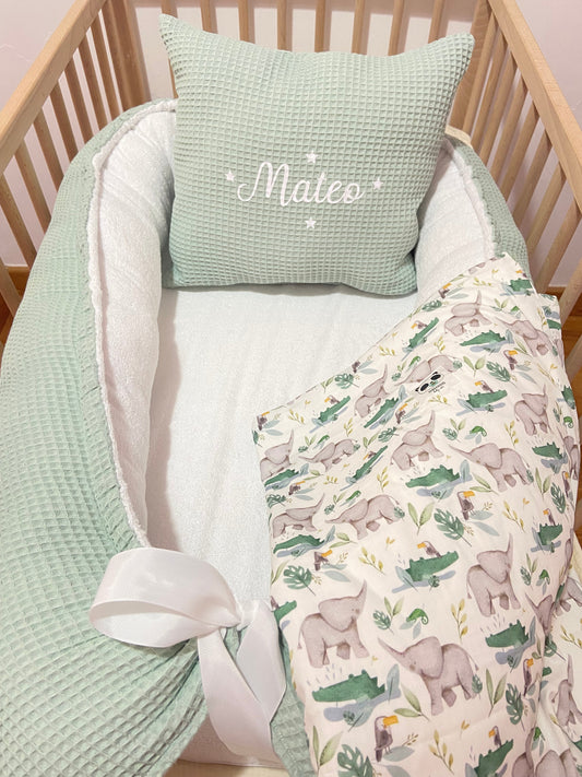 Pack Baby Ternura Verde (nido, manta y cojín personalizado) DISEÑALO
